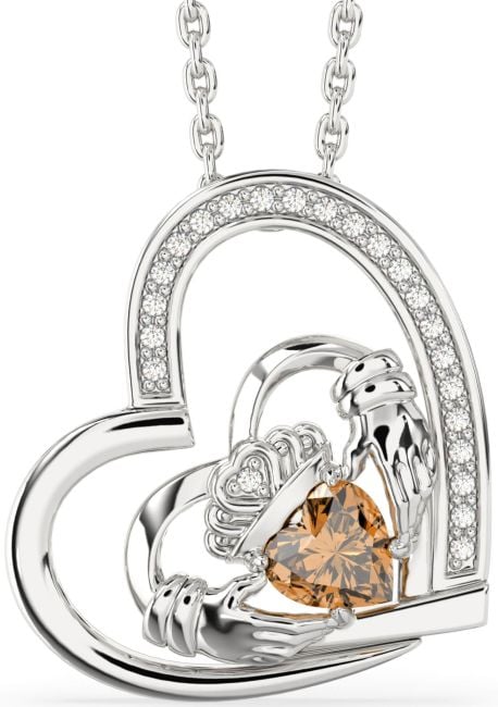 Diamond Citrine White Gold Claddagh Heart Necklace