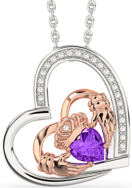 Diamond Amethyst White Rose Gold Claddagh Heart Necklace