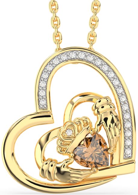 Diamond Citrine Gold Claddagh Heart Necklace