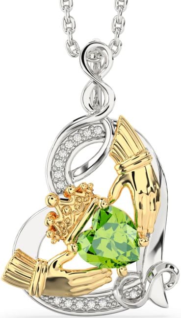 Diamond Peridot Gold Silver Claddagh Infinity Heart Necklace