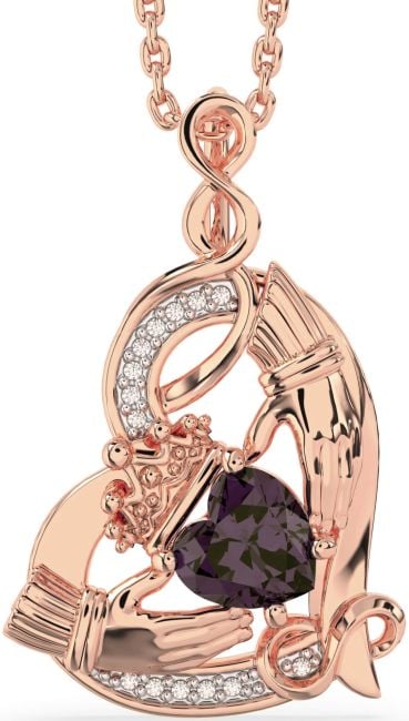 Diamond Alexandrite Rose Gold Silver Claddagh Infinity Heart Necklace