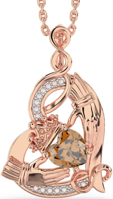 Diamond Citrine Rose Gold Claddagh Infinity Heart Necklace