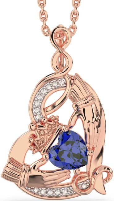 Diamond Sapphire Rose Gold Claddagh Infinity Heart Necklace