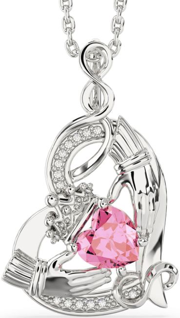 Diamond Pink Tourmaline Silver Claddagh Infinity Heart Necklace