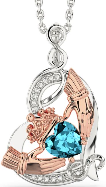 Diamond Aquamarine Rose Gold Silver Claddagh Infinity Heart Necklace