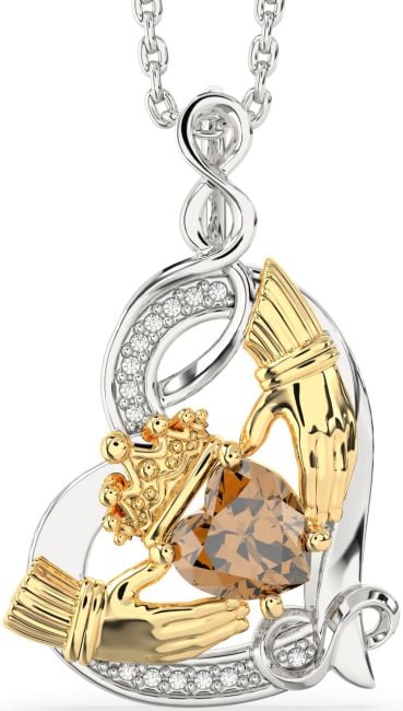 Diamond Citrine White Yellow Gold Claddagh Infinity Heart Necklace