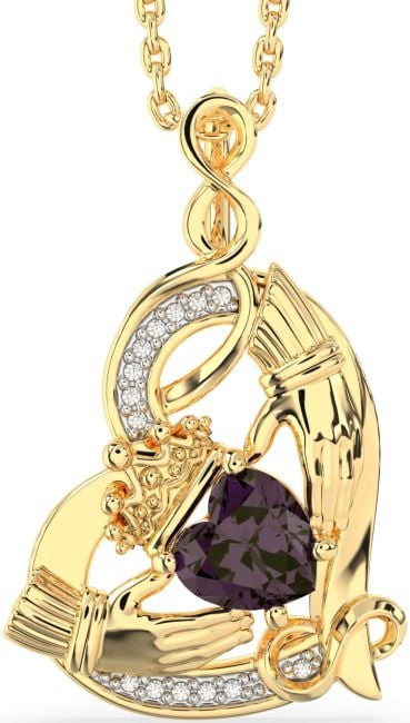 Diamond Alexandrite Gold Claddagh Infinity Heart Necklace