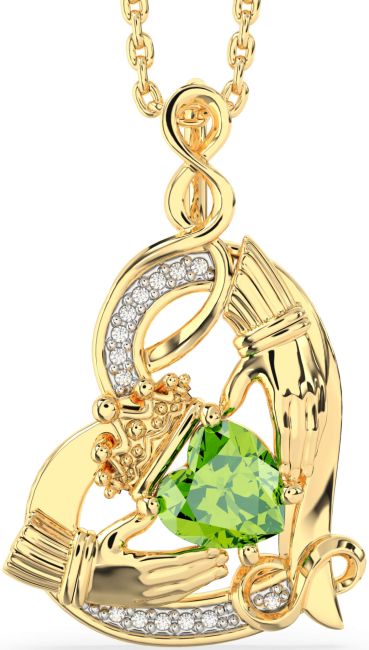 Diamond Peridot Gold Claddagh Infinity Heart Necklace