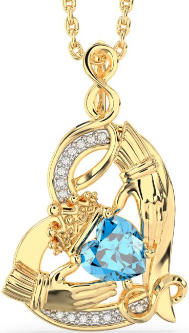 Diamond Topaz Gold Claddagh Infinity Heart Necklace