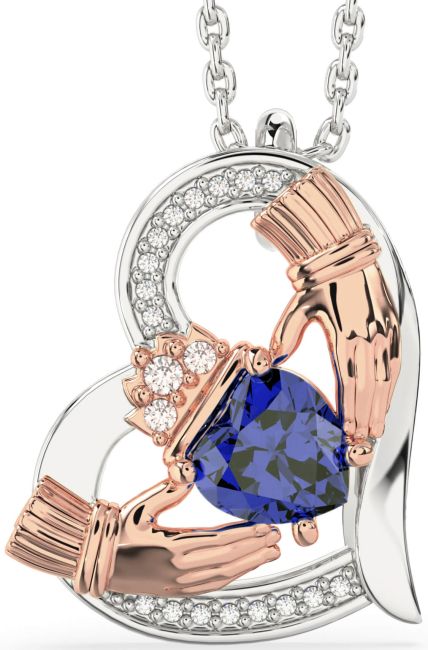 Diamond Sapphire Rose Gold Silver Claddagh Heart Necklace