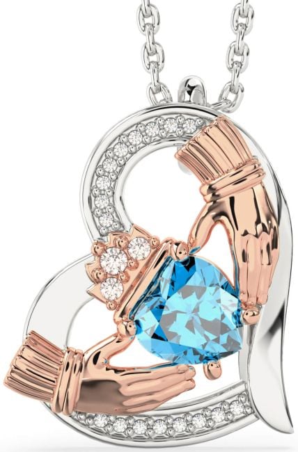 Diamond Topaz Rose Gold Silver Claddagh Heart Necklace