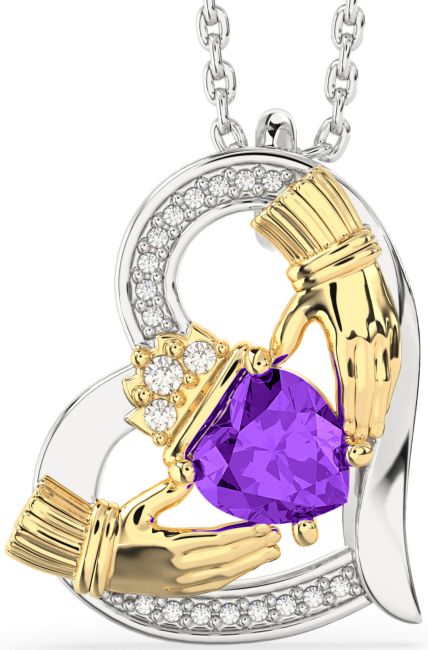 Diamond Amethyst Gold Silver Claddagh Heart Necklace