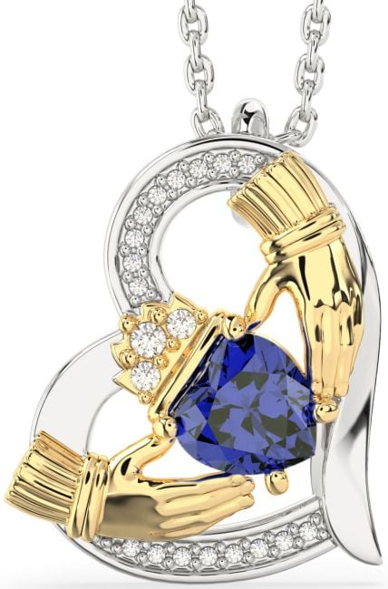 Diamond Sapphire Gold Silver Claddagh Heart Necklace