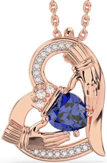 Diamond Sapphire Rose Gold Silver Claddagh Heart Necklace