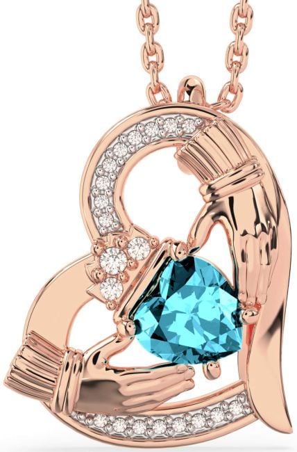 Diamond Aquamarine Rose Gold Claddagh Heart Necklace