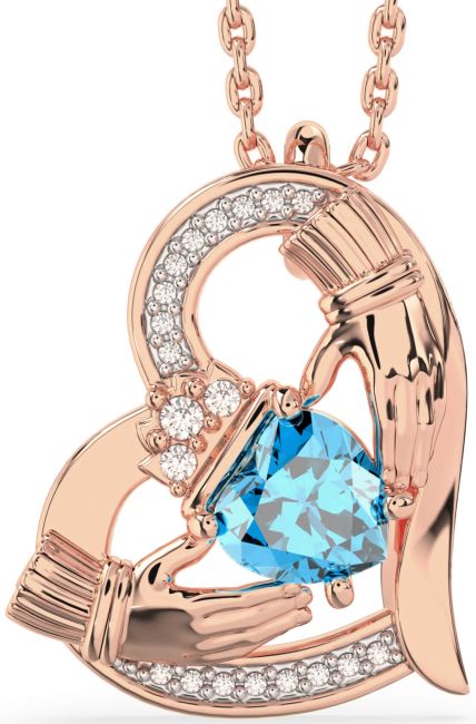 Diamond Topaz Rose Gold Claddagh Heart Necklace