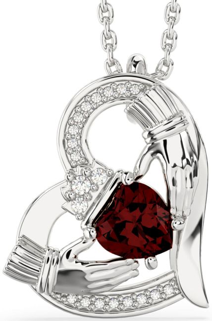 Diamond Garnet Silver Claddagh Heart Necklace