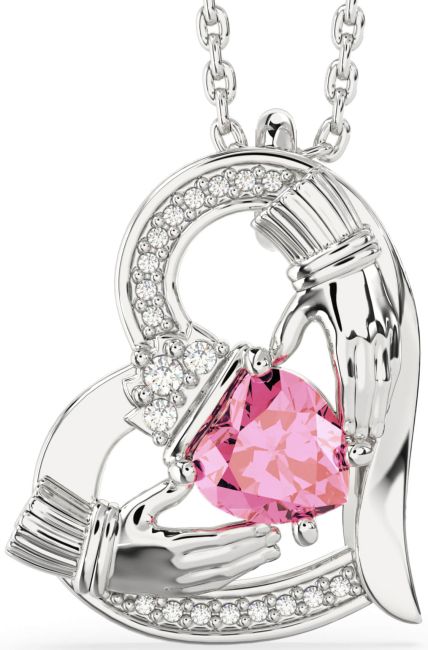 Diamond Pink Tourmaline Silver Claddagh Heart Necklace