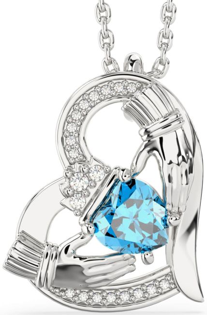 Diamond Topaz Silver Claddagh Heart Necklace