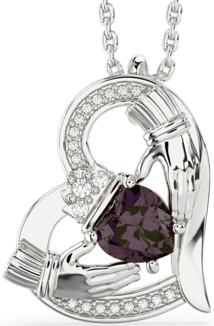 Diamond Alexandrite White Gold Claddagh Heart Necklace