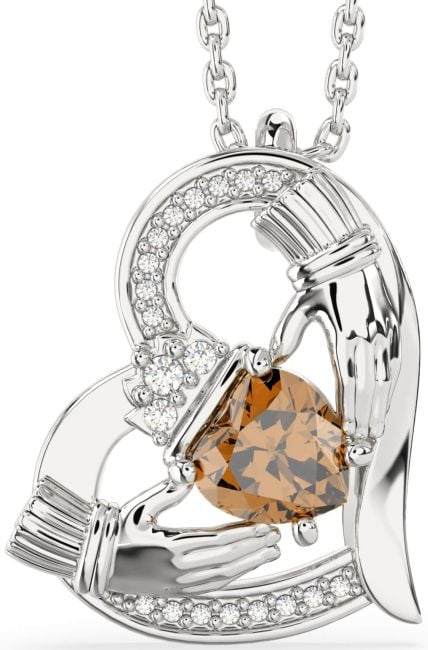Diamond Citrine White Gold Claddagh Heart Necklace