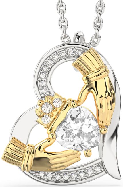 Diamond White Yellow Gold Claddagh Heart Necklace