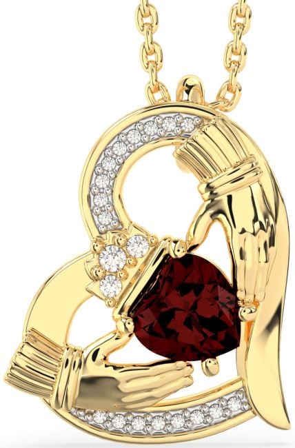 Diamond Garnet Gold Claddagh Heart Necklace