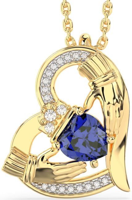 Diamond Sapphire Gold Claddagh Heart Necklace