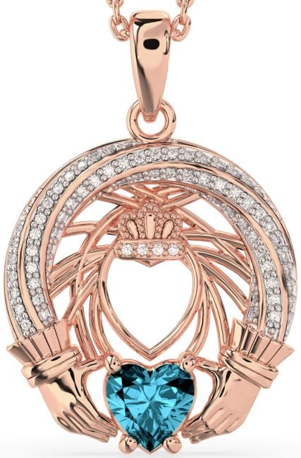 Diamond Aquamarine Rose Gold Silver Claddagh Necklace