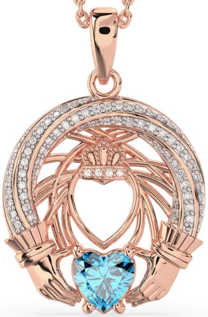 Diamond Topaz Rose Gold Claddagh Necklace