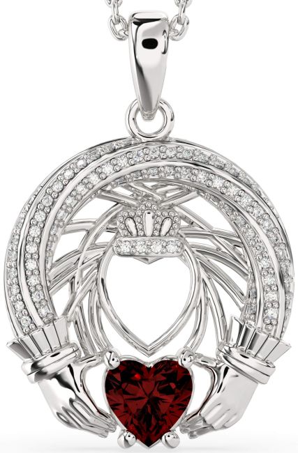 Diamond Garnet Silver Claddagh Necklace