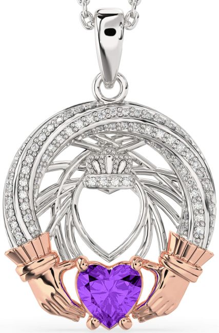 Diamond Amethyst Rose Gold Silver Claddagh Necklace