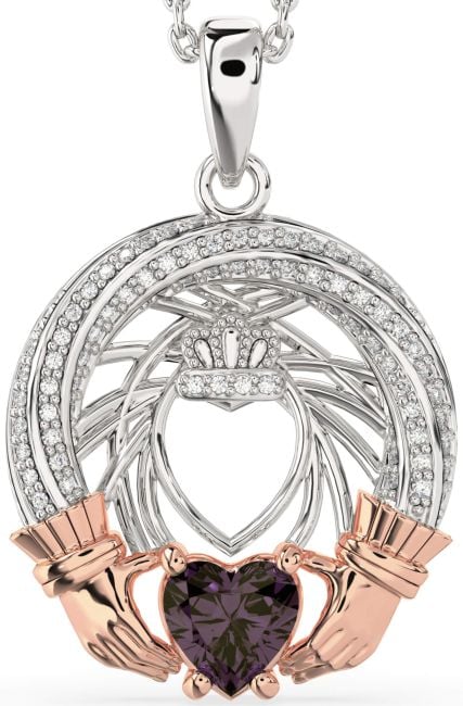 Diamond Alexandrite Rose Gold Silver Claddagh Necklace