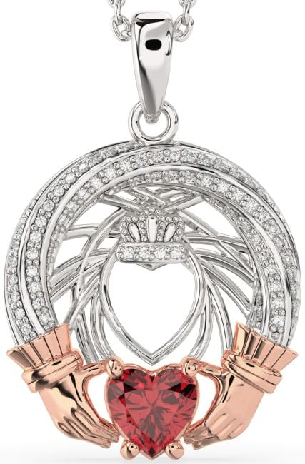 Diamond Ruby Rose Gold Silver Claddagh Necklace