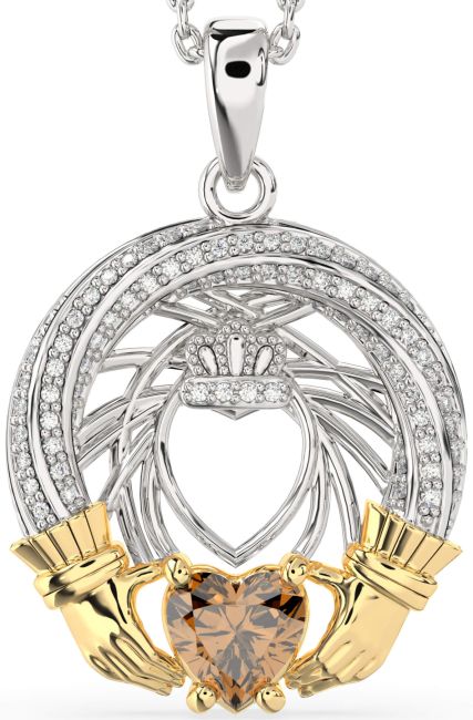 Diamond Citrine White Yellow Gold Claddagh Necklace