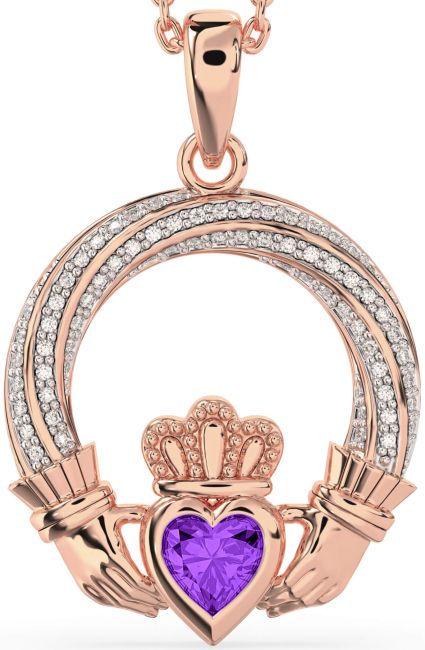 Diamond Amethyst Rose Gold Silver Claddagh Necklace