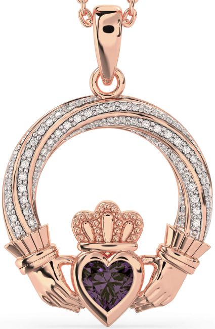 Diamond Alexandrite Rose Gold Silver Claddagh Necklace