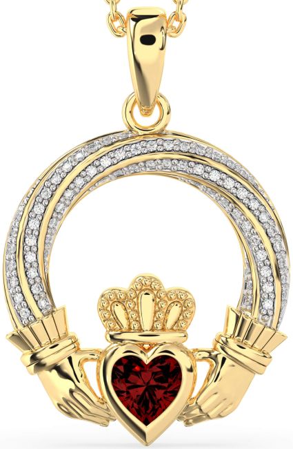 Diamond Garnet Gold Silver Claddagh Necklace