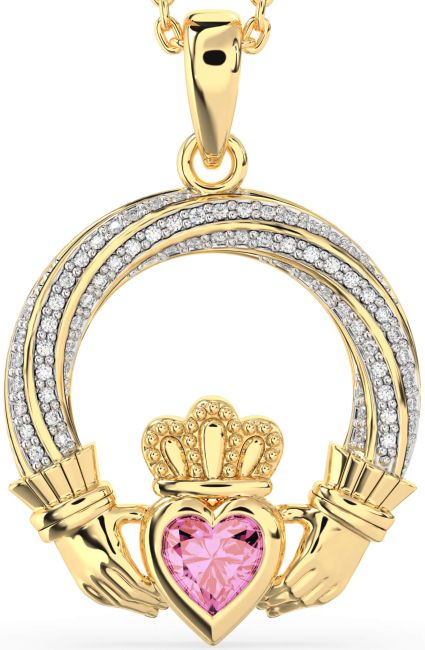 Diamond Pink Tourmaline Gold Silver Claddagh Necklace