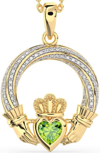 Diamond Peridot Gold Silver Claddagh Necklace
