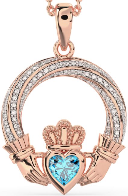 Diamond Topaz Rose Gold Claddagh Necklace