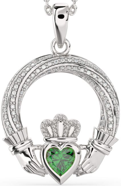 Diamond Emerald Silver Claddagh Necklace