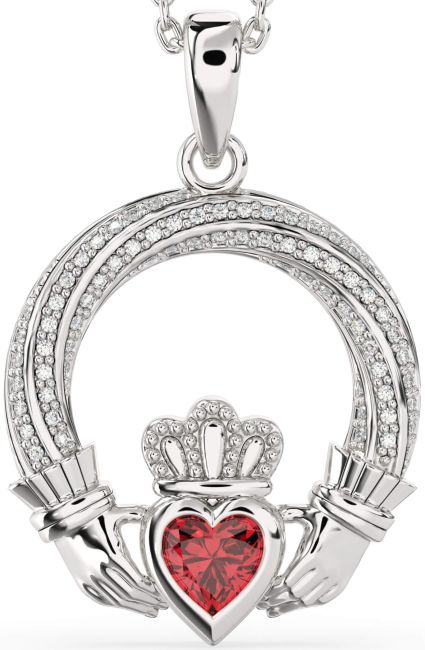 Diamond Ruby White Gold Claddagh Necklace