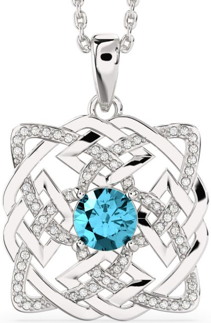Diamond Aquamarine White Gold Celtic Necklace