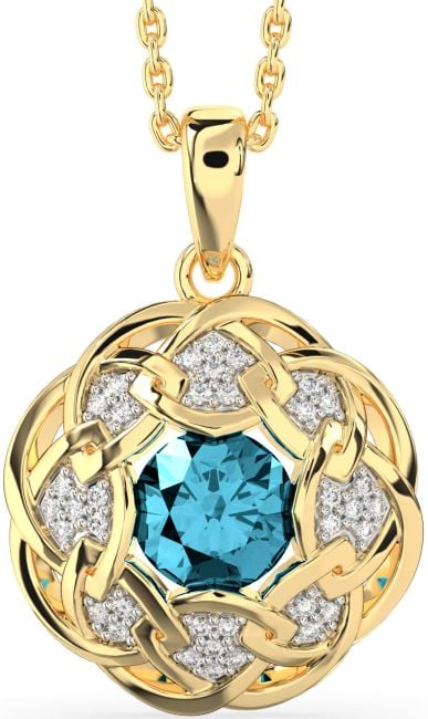 Diamond Aquamarine Gold Silver Celtic Necklace