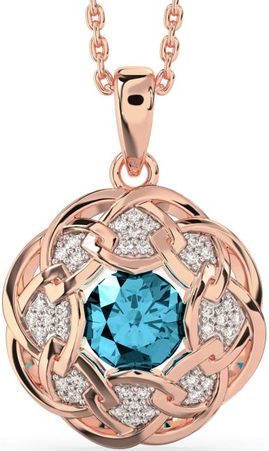 Diamond Aquamarine Rose Gold Celtic Necklace