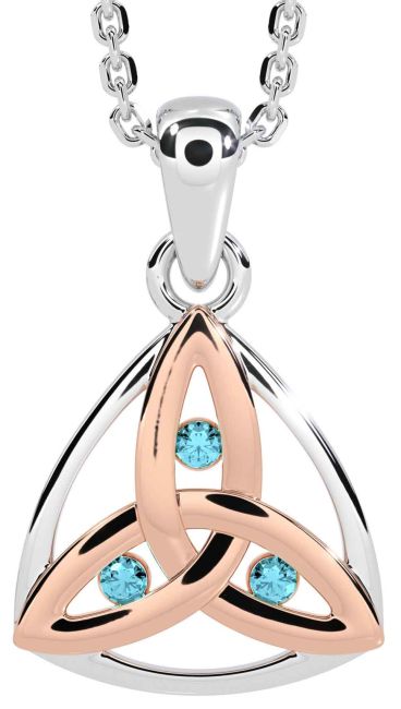 Aquamarine White Rose Gold Celtic Trinity Knot Necklace