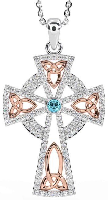 Diamond Aquamarine Rose Gold Silver Celtic Cross Trinity Knot Necklace