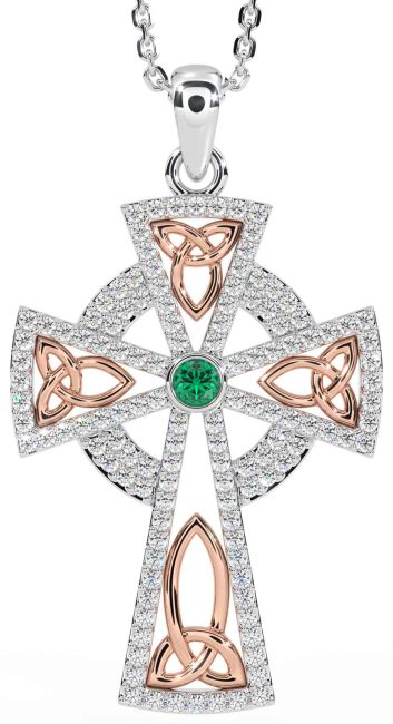 Diamond Emerald Rose Gold Silver Celtic Cross Trinity Knot Necklace