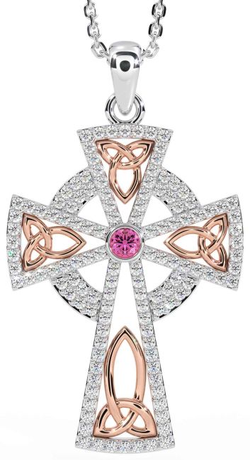 Diamante Rosa Turmalina Rosa Ouro Prata céltico Cruzar Trindade Nó Colar